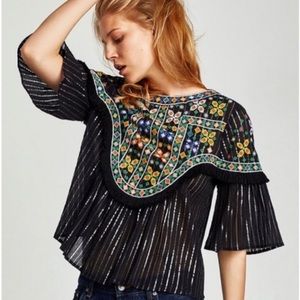 Zara Embroidered Blouse with High Low Hem, Festival Summer Top, Black Flowy Top